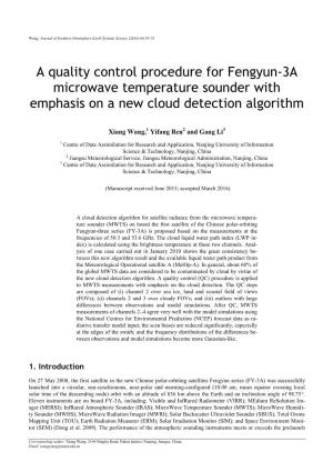 A Quality Control Procedure for Fengyun-3A Microwave Temperature Sounder with Emphasis on a New Cloud Detection Algorithm