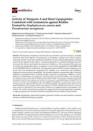 Activity of Temporin a and Short Lipopeptides Combined with Gentamicin Against Biofilm Formed by Staphylococcus Aureus and Pseud