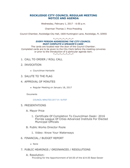 Rockledge City Council Regular Meeting Notice and Agenda