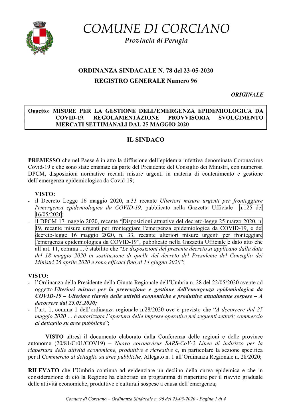 ORDINANZA SINDACALE N. 78 Del 23-05-2020 REGISTRO GENERALE Numero 96