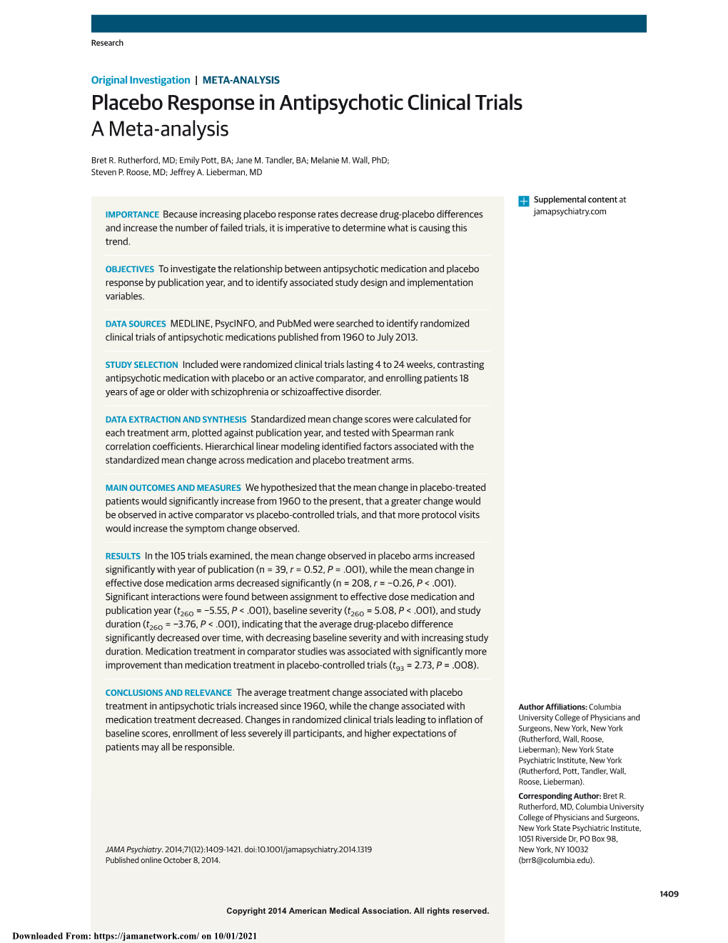 Placebo Response in Antipsychotic Clinical Trials a Meta-Analysis