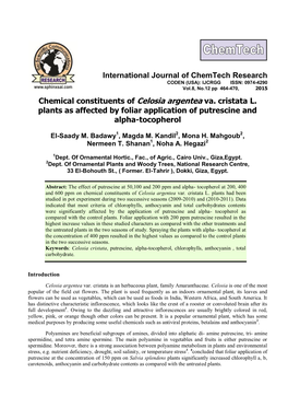 Chemical Constituents of Celosia Argentea Va. Cristata L. Plants As Affected by Foliar Application of Putrescine and Alpha-Tocopherol