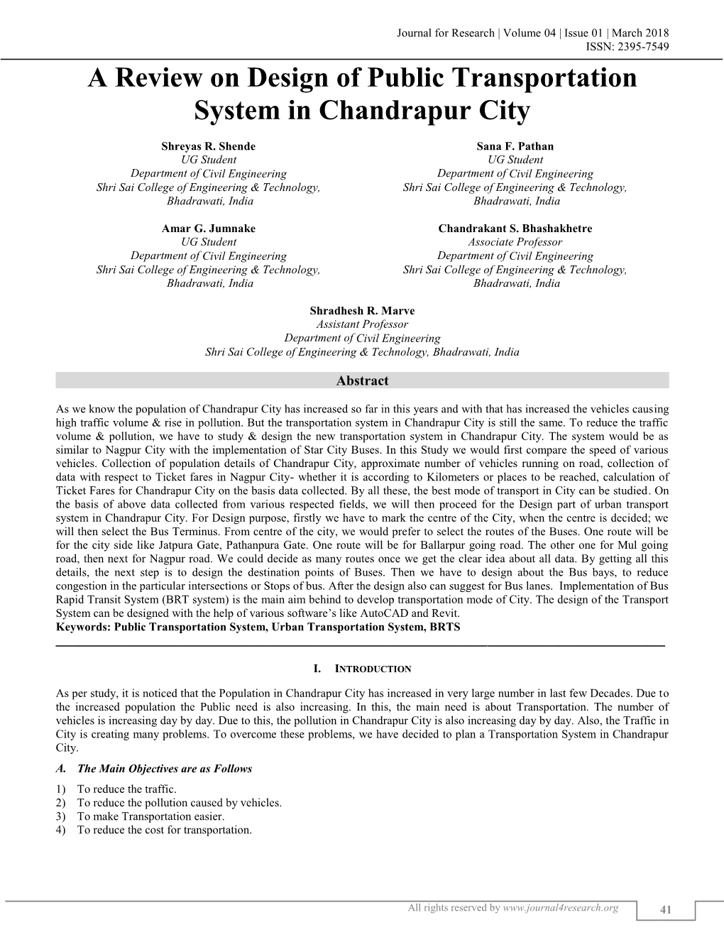 A Review on Design of Public Transportation System in Chandrapur City (J4R/ Volume 04 / Issue 01 / 009)