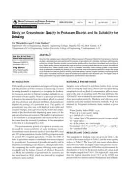 Study on Groundwater Quality in Prakasam District and Its Suitability for Drinking