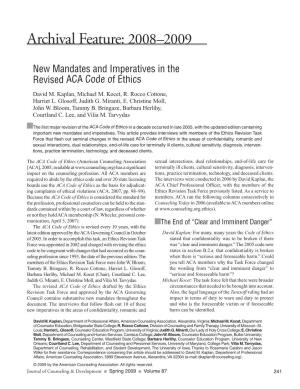 New Mandates and Imperatives in the Revised ACA Code of Ethics David M