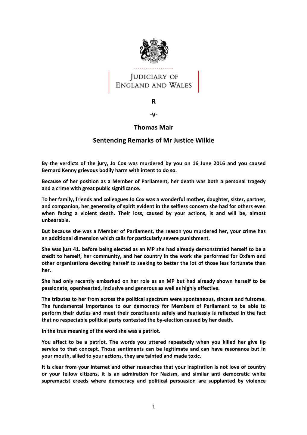 R V Thomas Mair: Sentencing Remarks of Mr Justice Wilkie