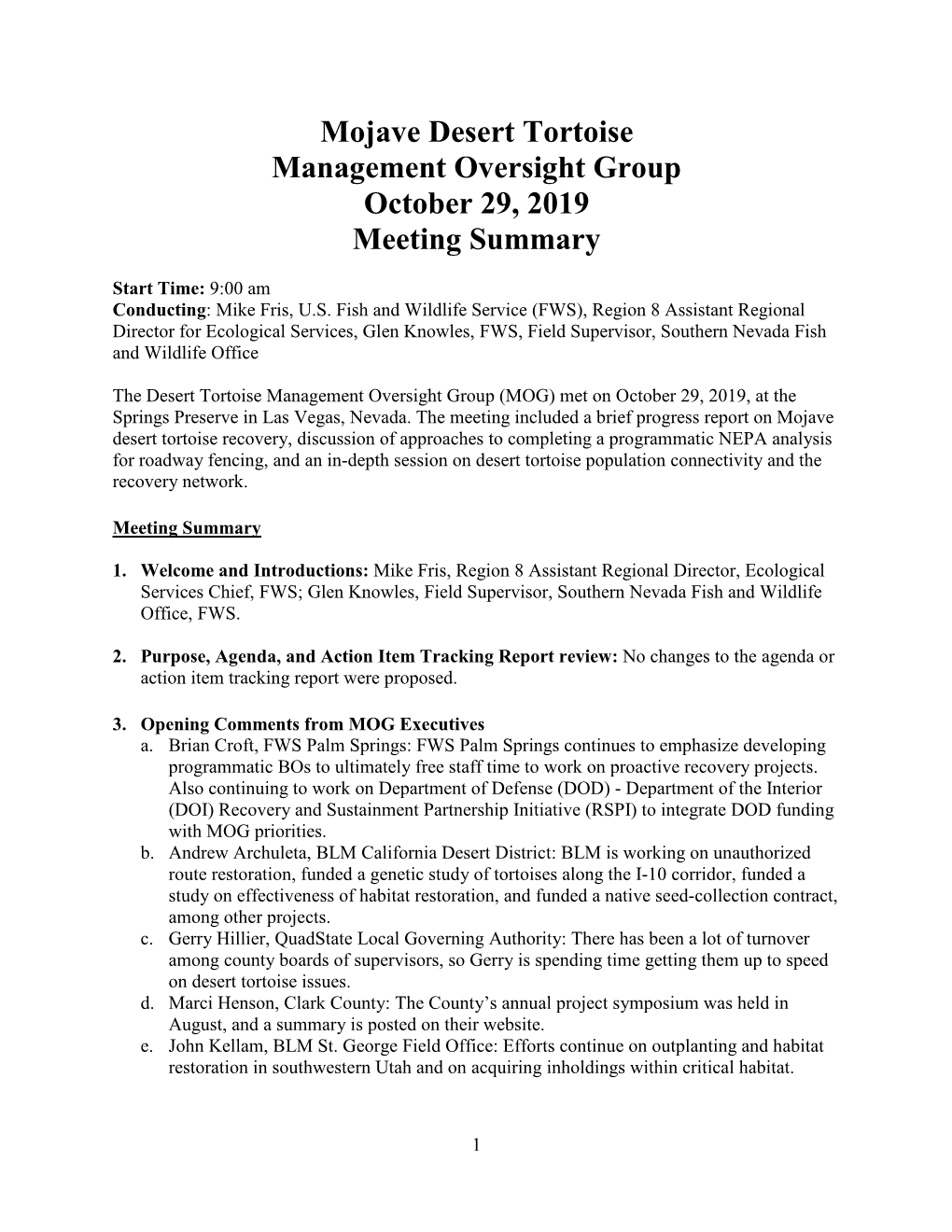 Mojave Desert Tortoise Management Oversight Group October 29, 2019 Meeting Summary