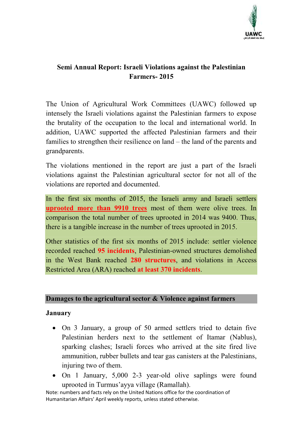 Semi Annual Report: Israeli Violations Against the Palestinian Farmers- 2015