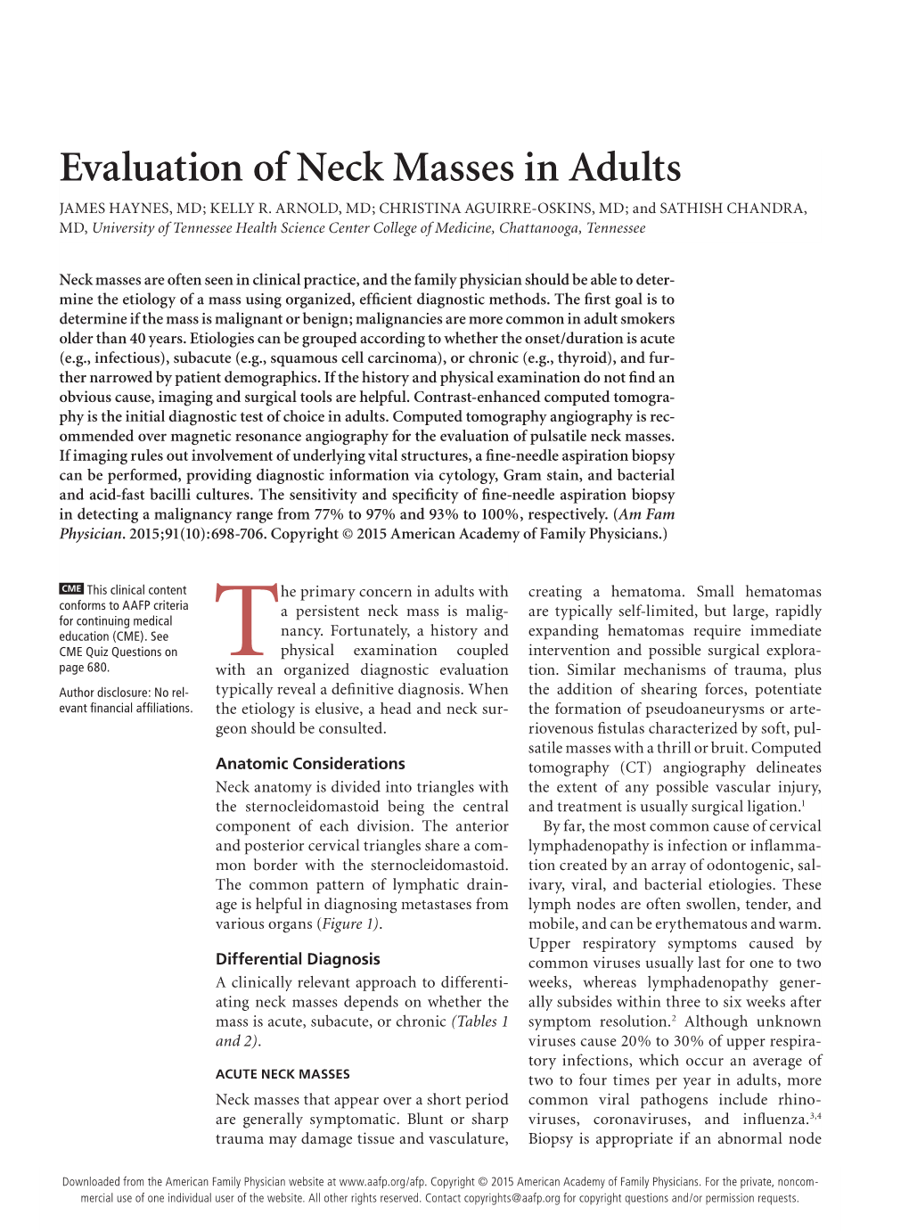 Evaluation of Neck Masses in Adults JAMES HAYNES, MD; KELLY R