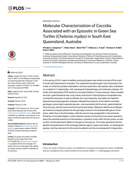 Molecular Characterization of Coccidia Associated with an Epizootic in Green Sea Turtles (Chelonia Mydas) in South East Queensland, Australia
