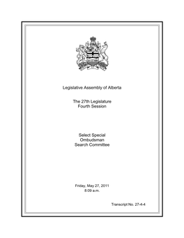 Legislative Assembly of Alberta the 27Th Legislature Fourth Session