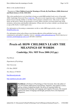 Precis Of: How Children Learn the Meanings of Words, by Paul Bloom