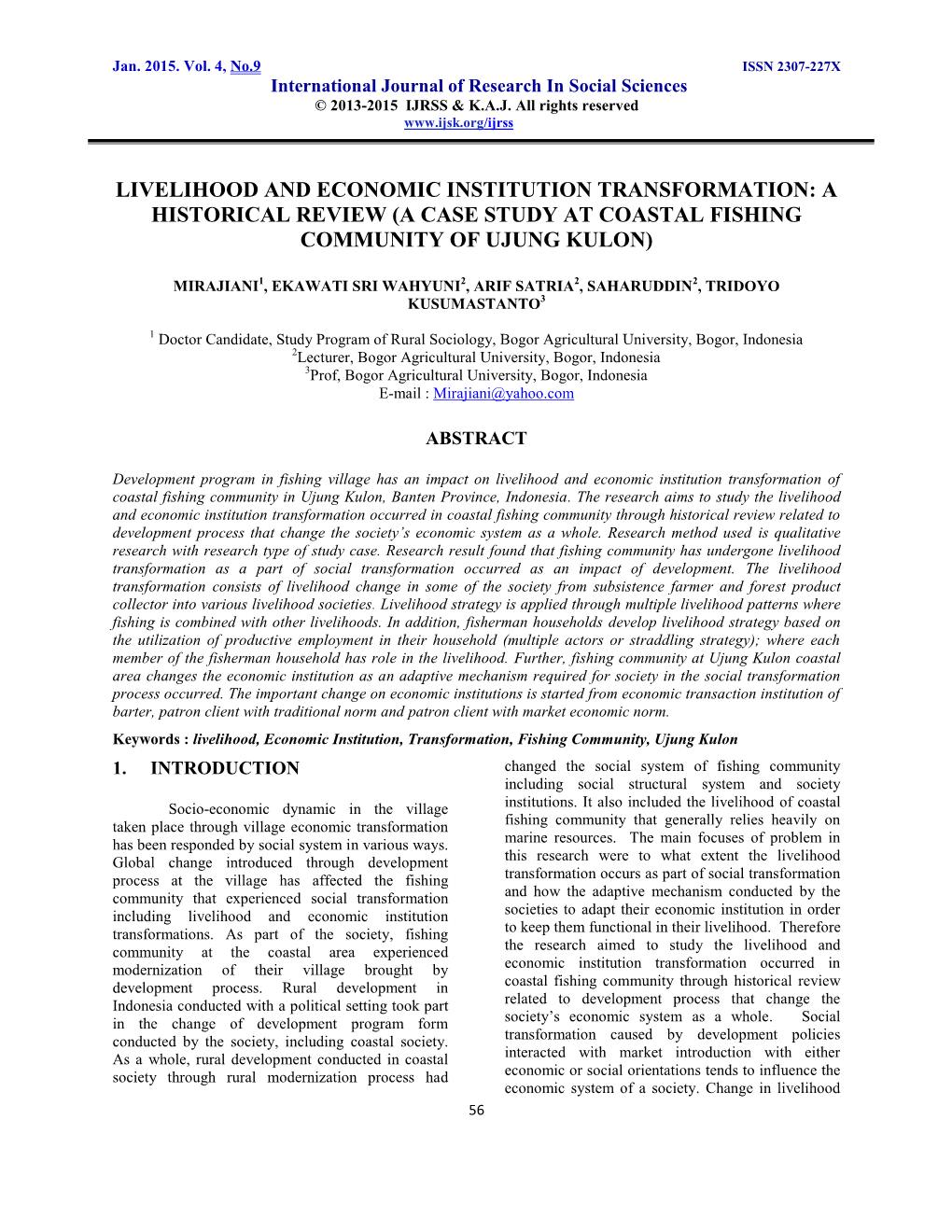 Livelihood and Economic Institution Transformation: a Historical Review (A Case Study at Coastal Fishing Community of Ujung Kulon)