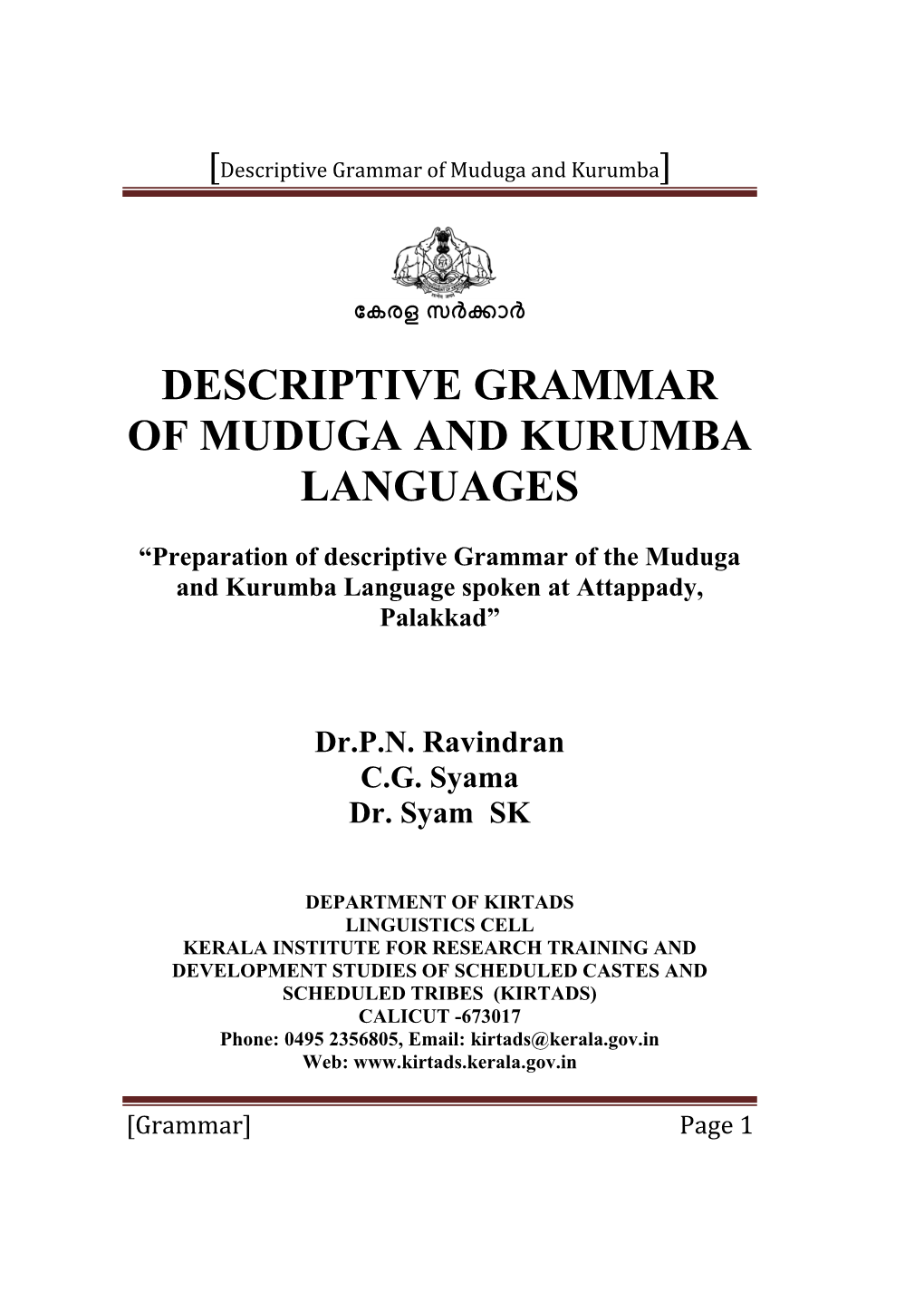 Descriptive Grammar of Muduga and Kurumba Languages