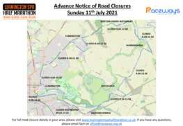Advance Notice of Road Closures Sunday 11Th July 2021