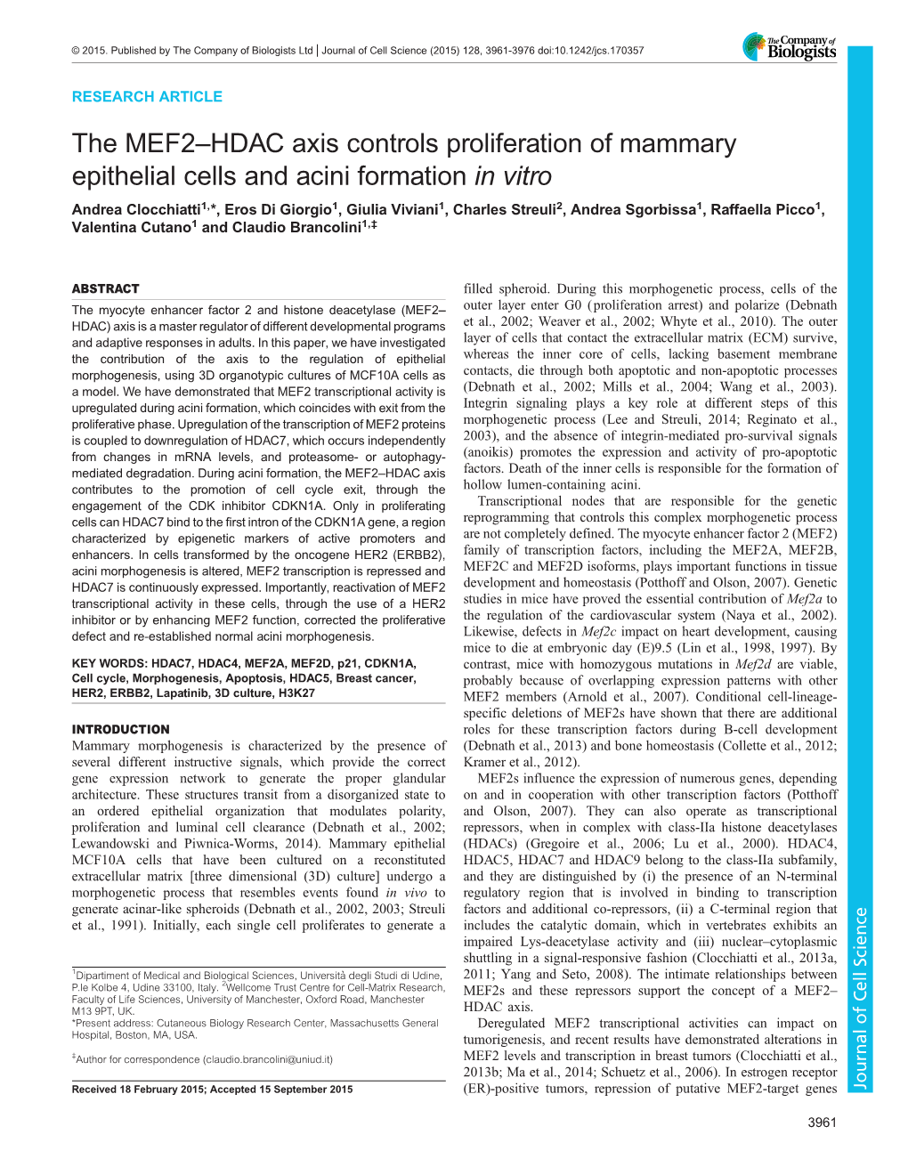 The MEF2–HDAC Axis Controls Proliferation of Mammary Epithelial