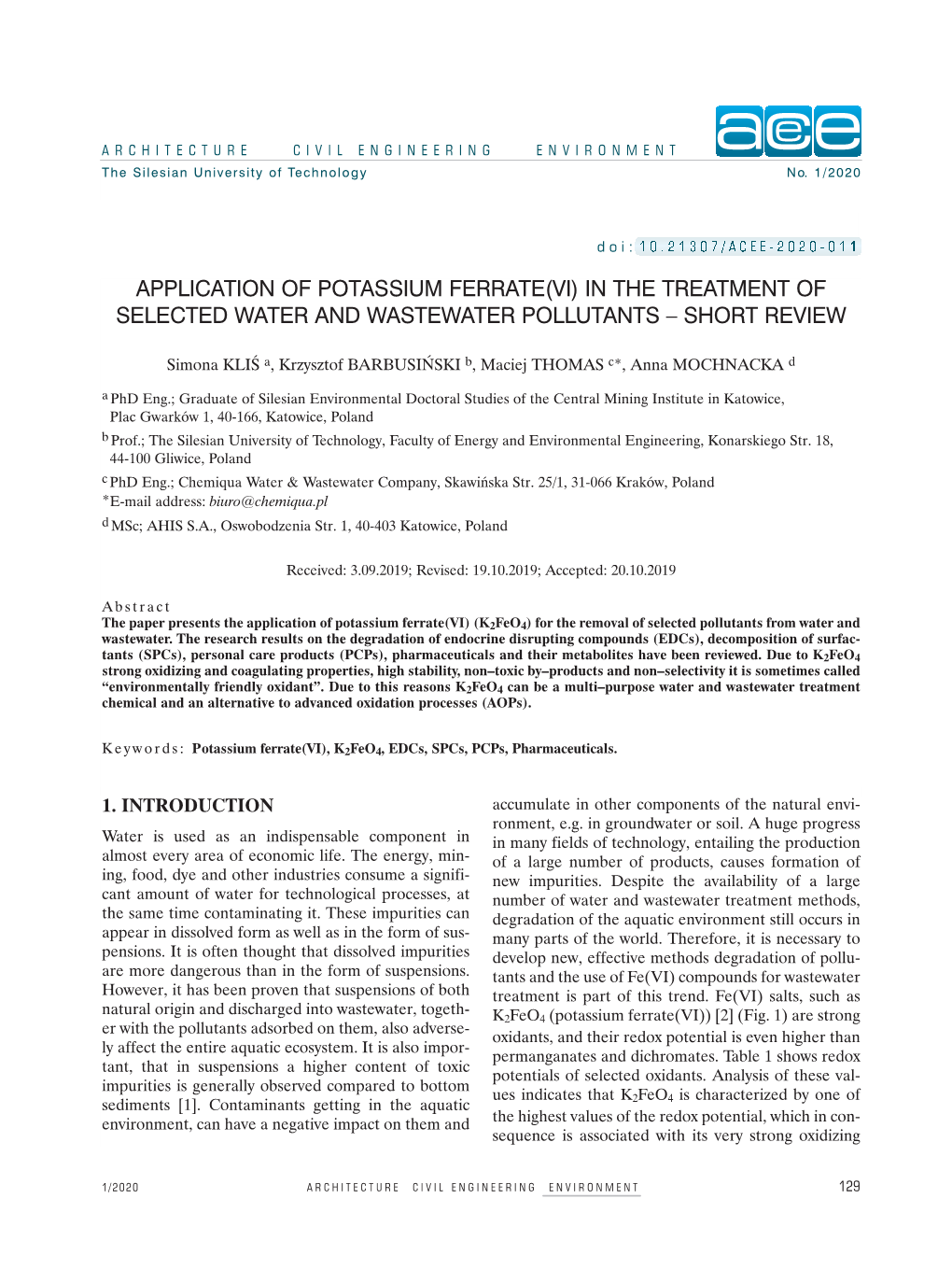 Application of Potassium Ferrate(Vi) in the Treatment of Selected Water and Wastewater Pollutants – Short Review