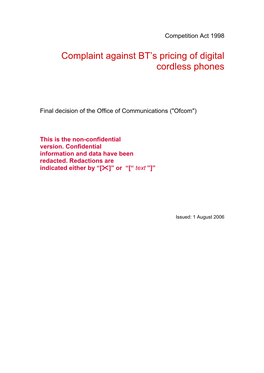 Complaint Against BT's Pricing of Digital Cordless Phones