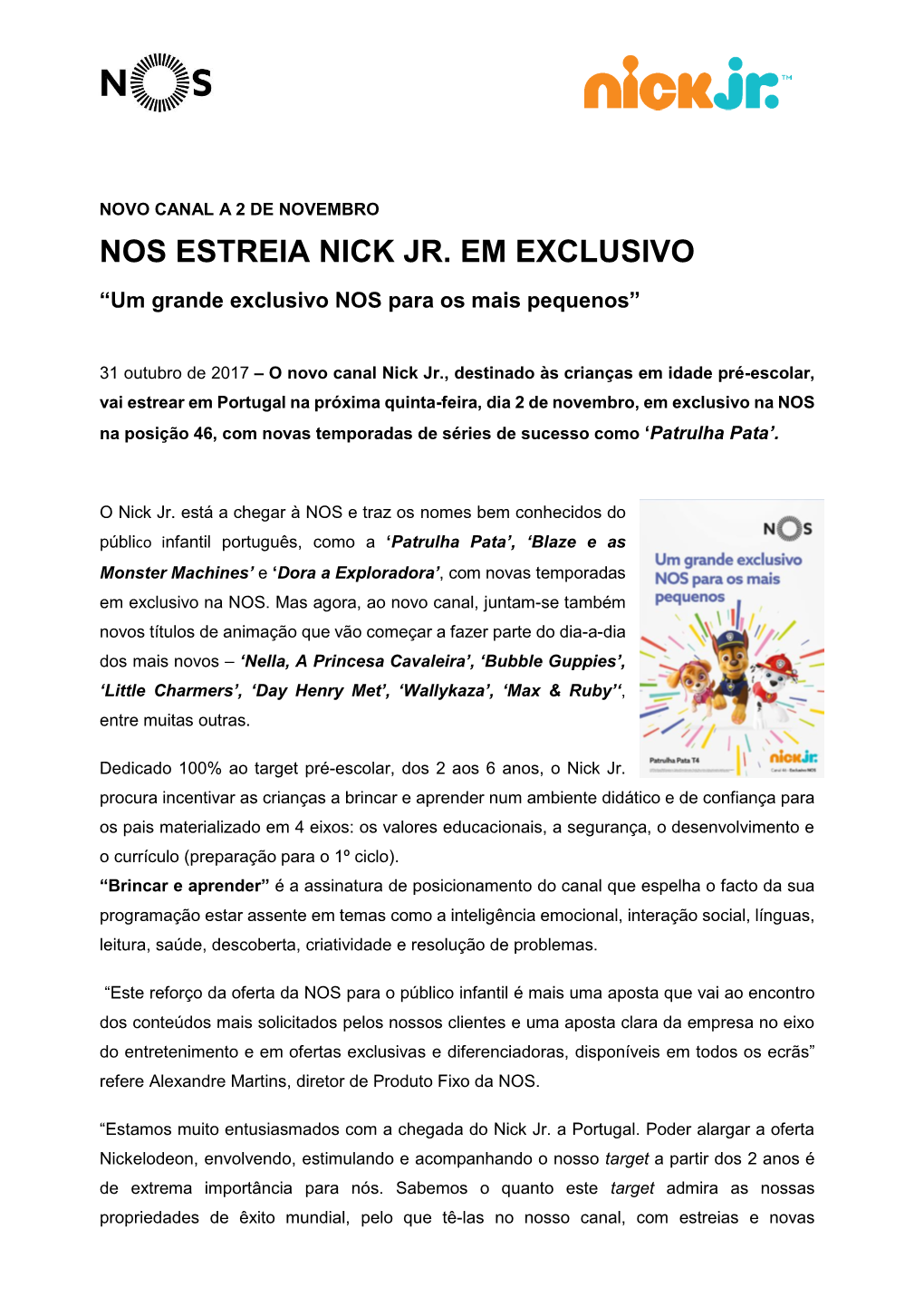 Nos Estreia Nick Jr. Em Exclusivo