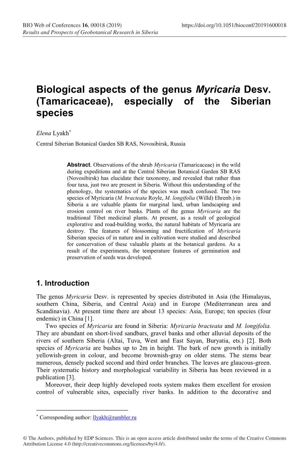 Biological Aspects of the Genus Myricaria Desv. (Tamaricaceae), Especially of the Siberian Species