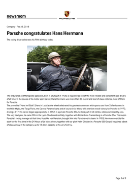 Porsche Congratulates Hans Herrmann the Racing Driver Celebrates His 90Th Birthday Today