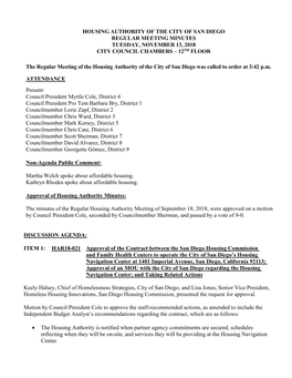 Housing Authority of the City of San Diego Regular Meeting Minutes Tuesday, November 13, 2018 City Council Chambers – 12Th Floor