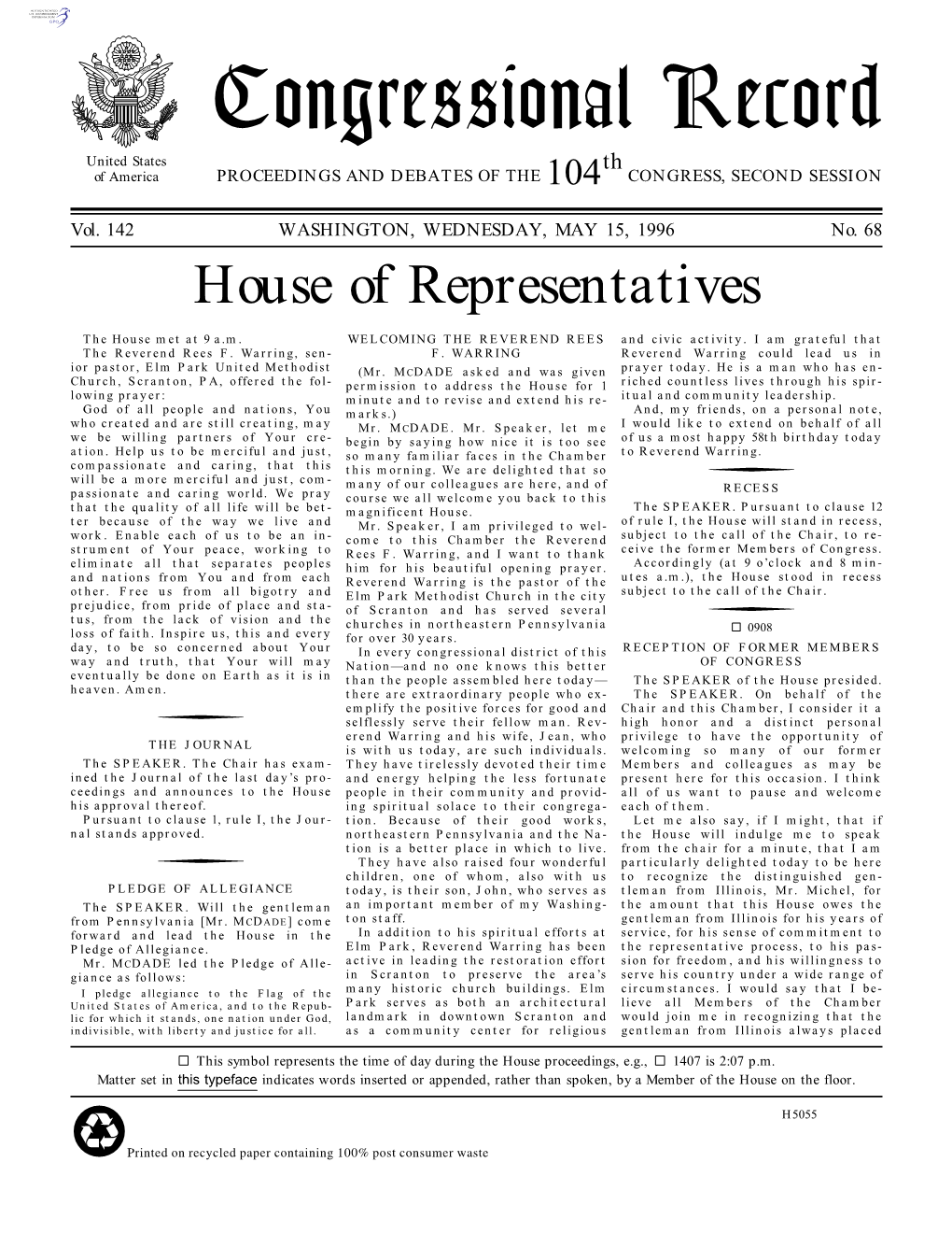 Congressional Record United States Th of America PROCEEDINGS and DEBATES of the 104 CONGRESS, SECOND SESSION