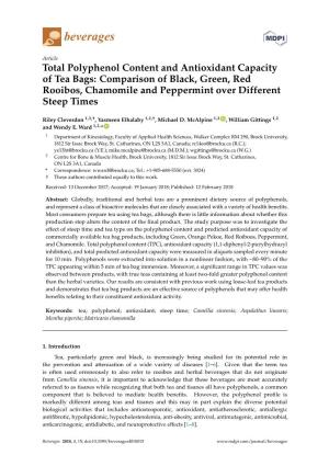 Total Polyphenol Content and Antioxidant Capacity of Tea Bags: Comparison of Black, Green, Red Rooibos, Chamomile and Peppermint Over Different Steep Times