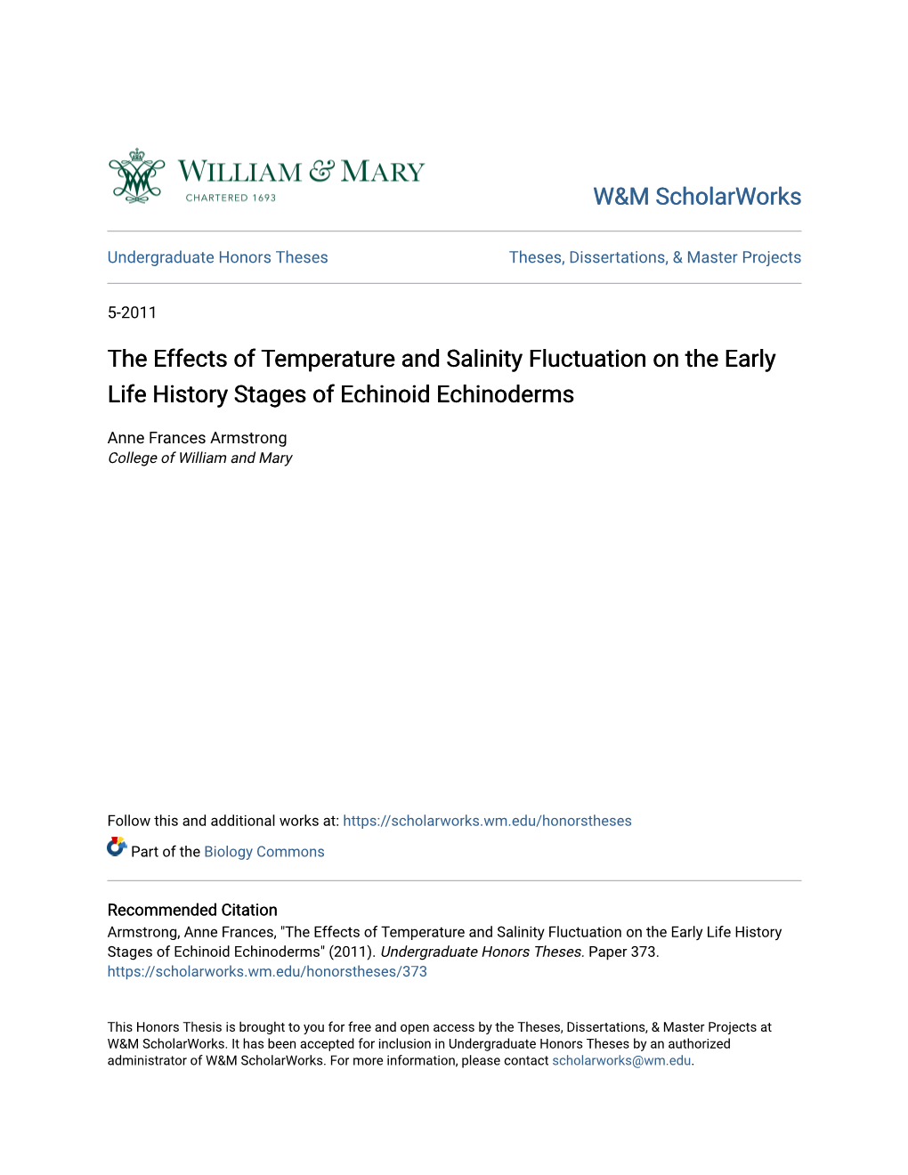 The Effects of Temperature and Salinity Fluctuation on the Early Life History Stages of Echinoid Echinoderms