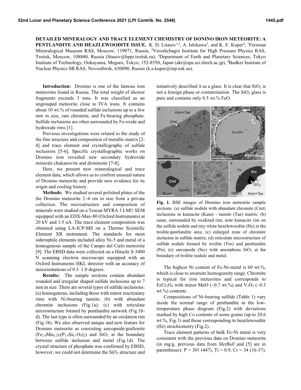 Detailed Mineralogy and Trace Element Chemistry of Donino Iron Meteorite: a Pentlandite and Heazlewoodite Issue