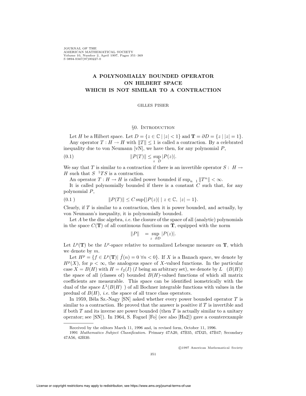 A Polynomially Bounded Operator on Hilbert Space Which Is Not Similar to a Contraction