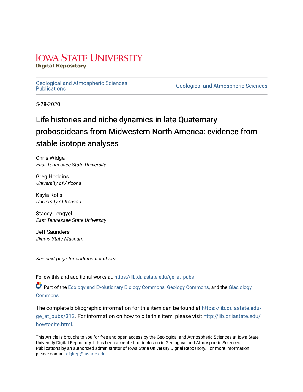 Life Histories and Niche Dynamics in Late Quaternary Proboscideans from Midwestern North America: Evidence from Stable Isotope Analyses