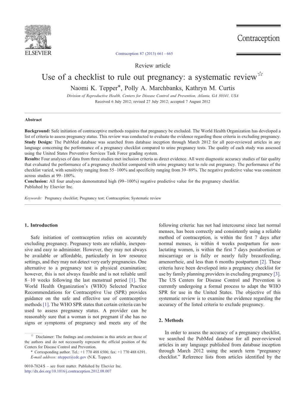 Use of a Checklist to Rule out Pregnancy: a Systematic Review☆ ⁎ Naomi K