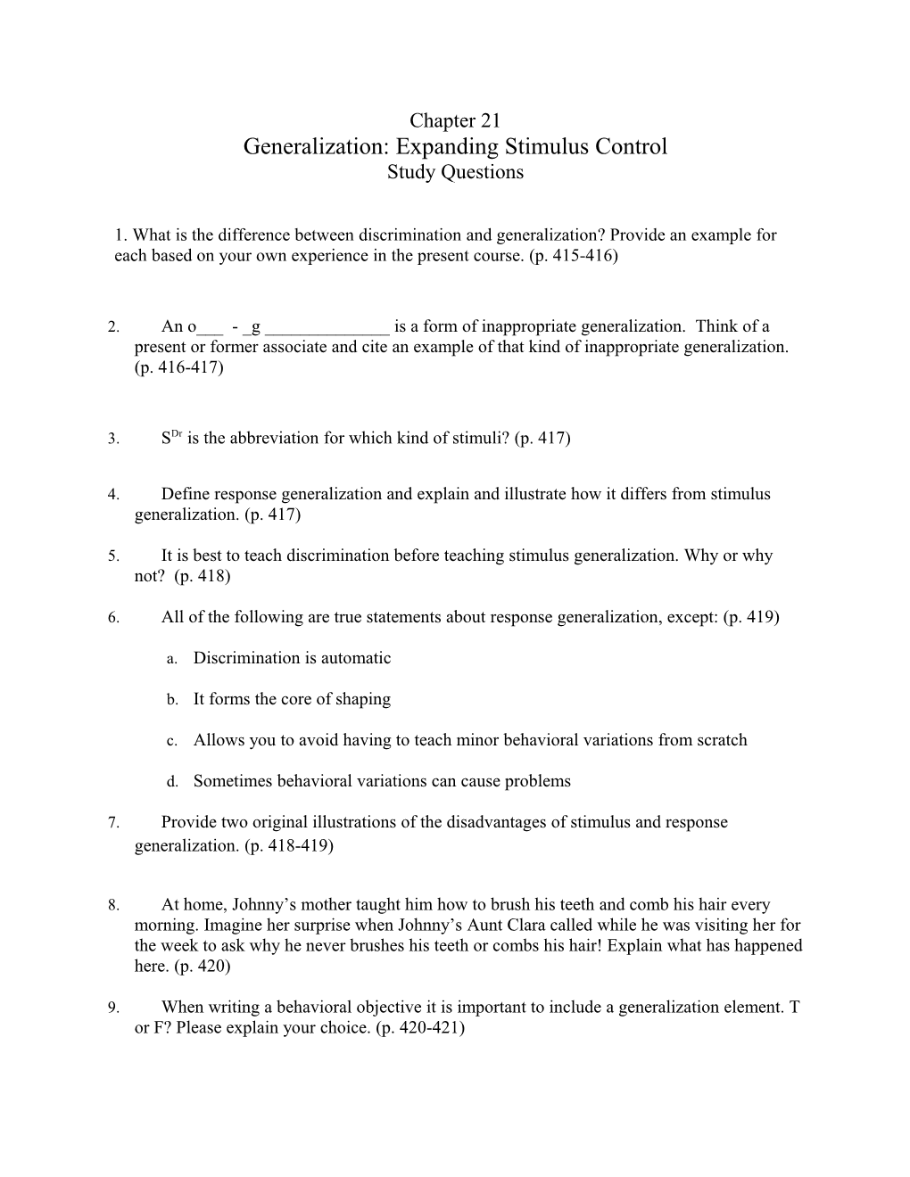 Generalization: Expanding Stimulus Control