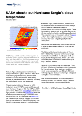 NASA Checks out Hurricane Sergio's Cloud Temperature 9 October 2018