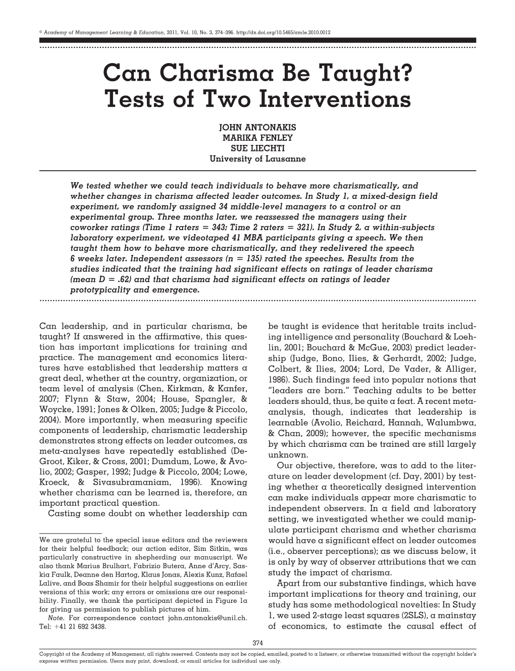 Can Charisma Be Taught? Tests of Two Interventions