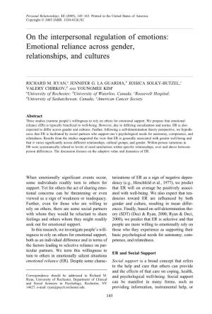 Emotional Reliance Across Gender, Relationships, and Cultures