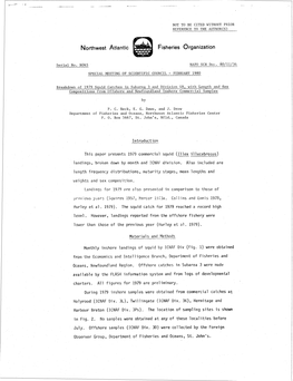 Breakdown of 1979 S Uid Catches in Subarea 3 and Division 4R, with Length and Sex Corn Ositions from Offshore and Newfoundland Inshore Commercial Samples By