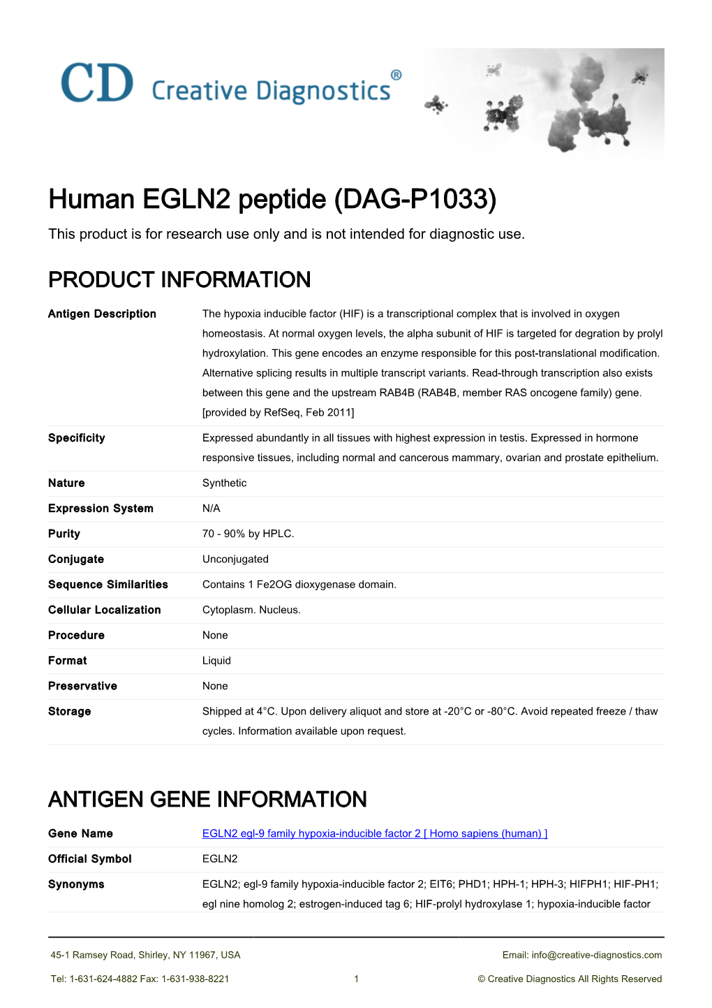 Human EGLN2 Peptide (DAG-P1033) This Product Is for Research Use Only and Is Not Intended for Diagnostic Use