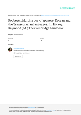 Robbeets, Martine 2017. Japanese, Korean and the Transeurasian Languages