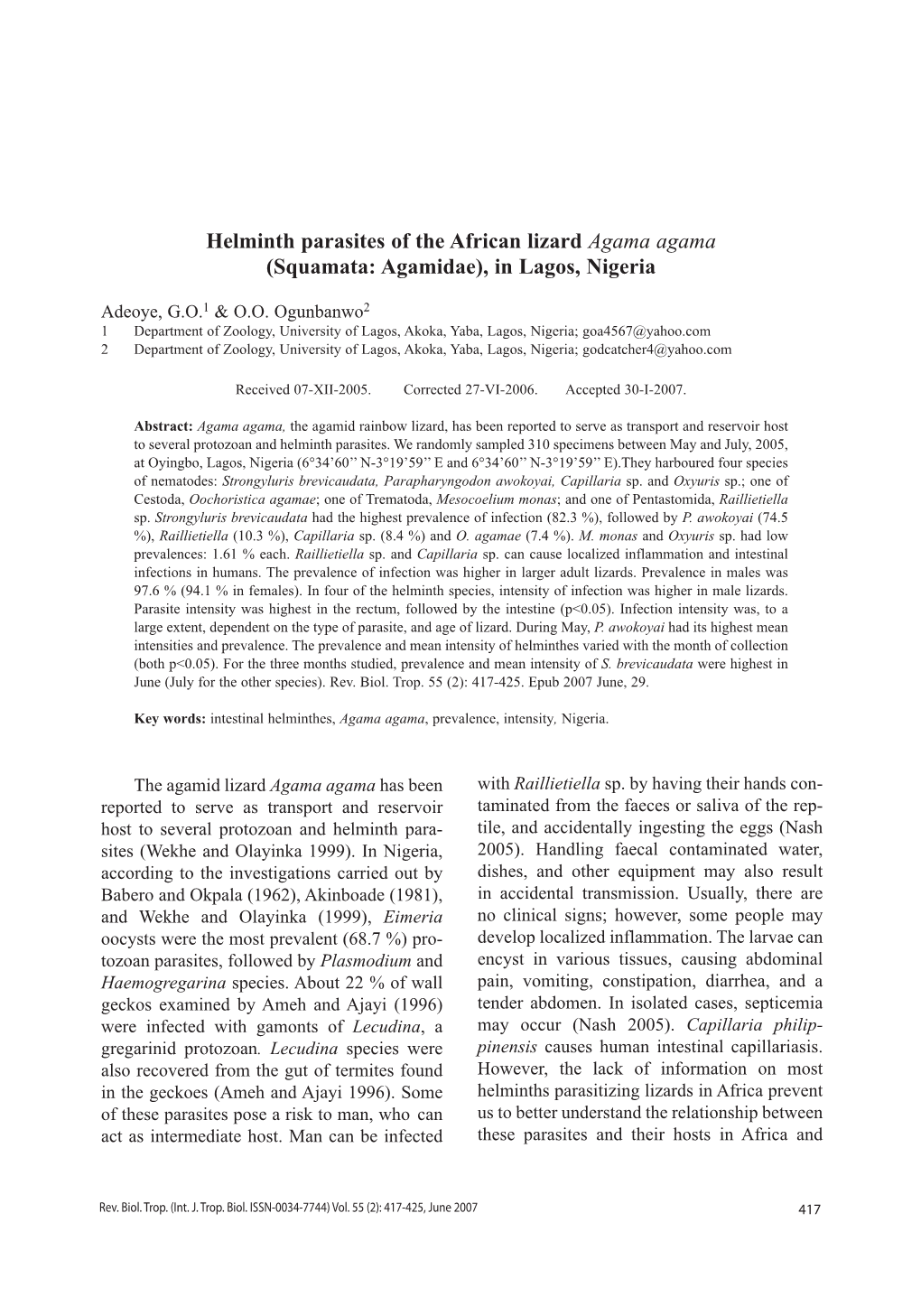 Helminth Parasites of the African Lizard Agama Agama (Squamata: Agamidae), in Lagos, Nigeria