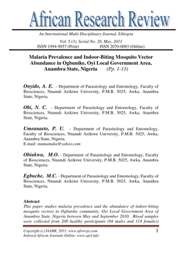 Malaria Prevalence and Indoor-Biting Mosquito Vector Abundance in Ogbunike, Oyi Local Government Area, Anambra State, Nigeria (Pp