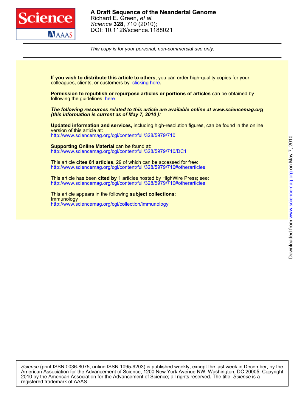 'A Draft Sequence of the Neandertal Genome'