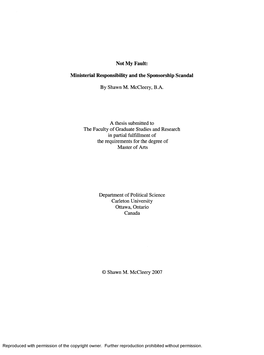 Ministerial Responsibility and the Sponsorship Scandal by Shawn M. Mccleery, BA a Thesis Submitted to the Facult