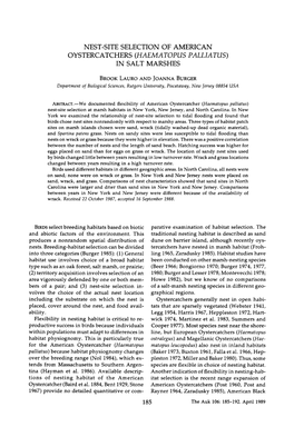 Nest-Site Selection of American Oystercatchers (Haematopus Palliatus) in Salt Marshes