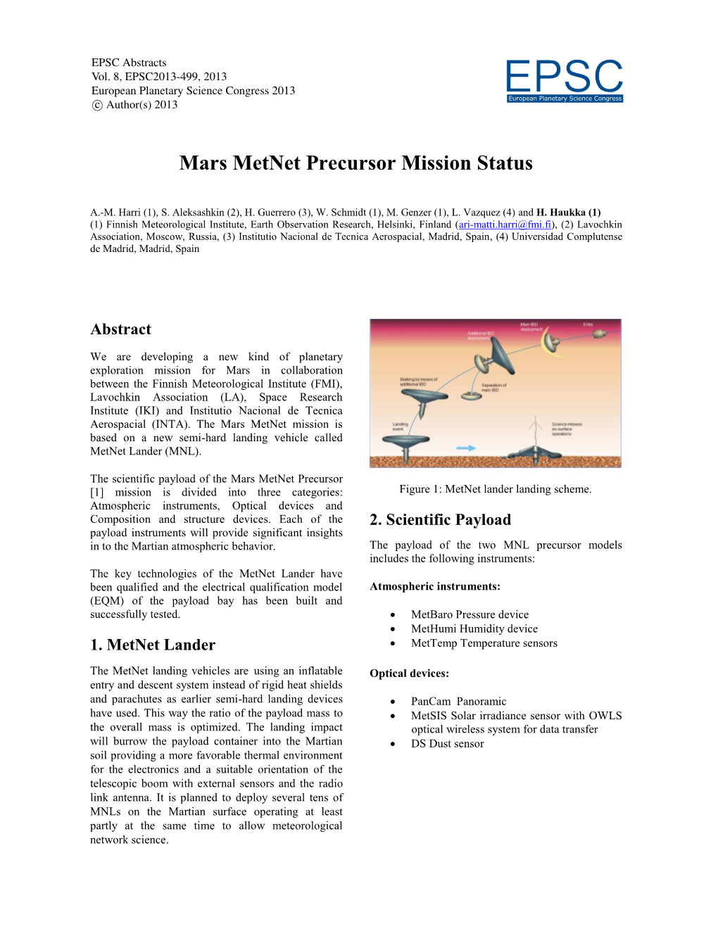 Mars Metnet Precursor Mission Status