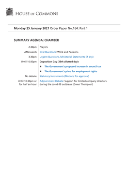 Monday 25 January 2021 Order Paper No.164: Part 1 SUMMARY AGENDA