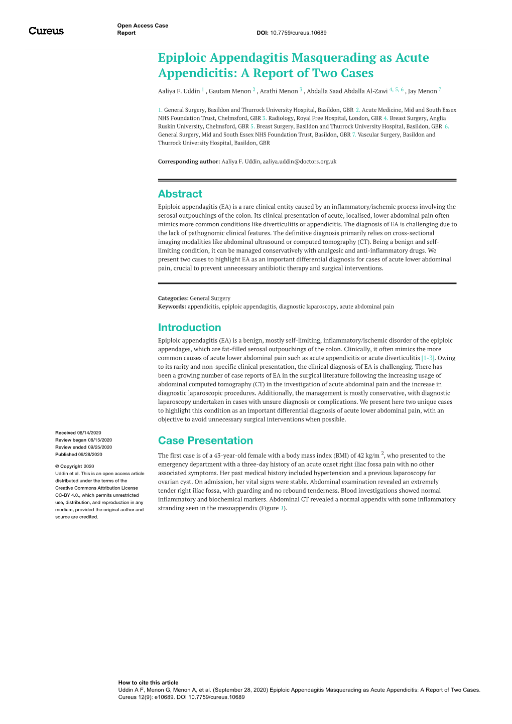 Epiploic Appendagitis Masquerading As Acute Appendicitis: a Report of Two Cases