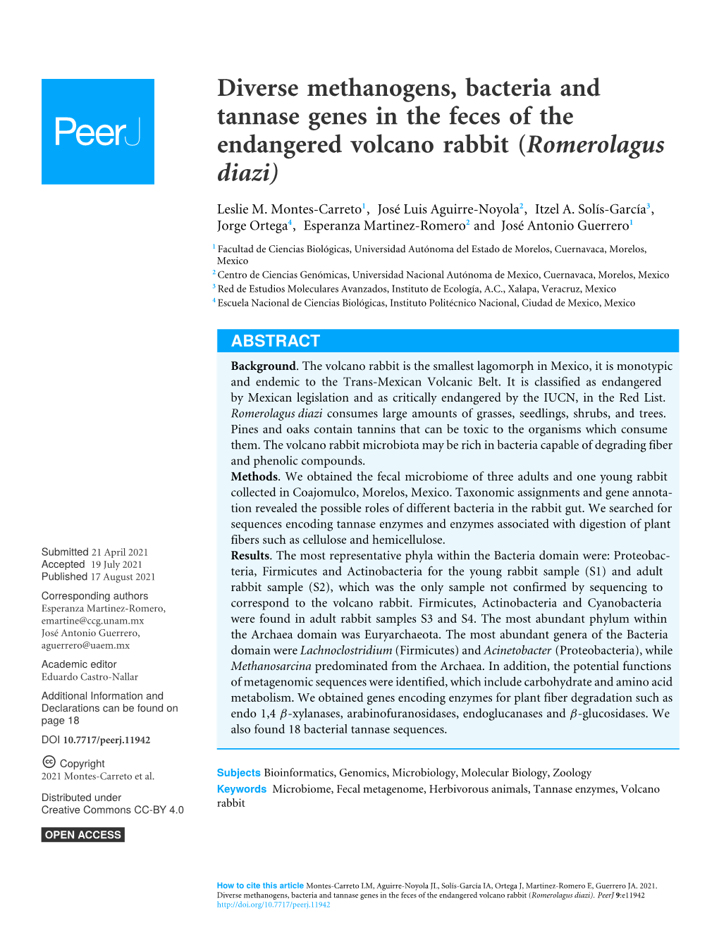 Diverse Methanogens, Bacteria and Tannase Genes in the Feces of the Endangered Volcano Rabbit (Romerolagus Diazi)