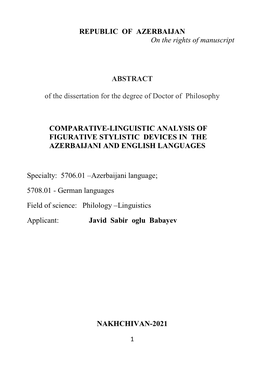 REPUBLIC of AZERBAIJAN on the Rights of Manuscript ABSTRACT of the Dissertation for the Degree of Doctor of Philosophy COMPAR